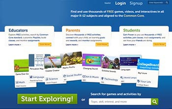 A K-12 learning platform: a landing page with separate entry points for educators, parents and students, over a browsable library of activities.